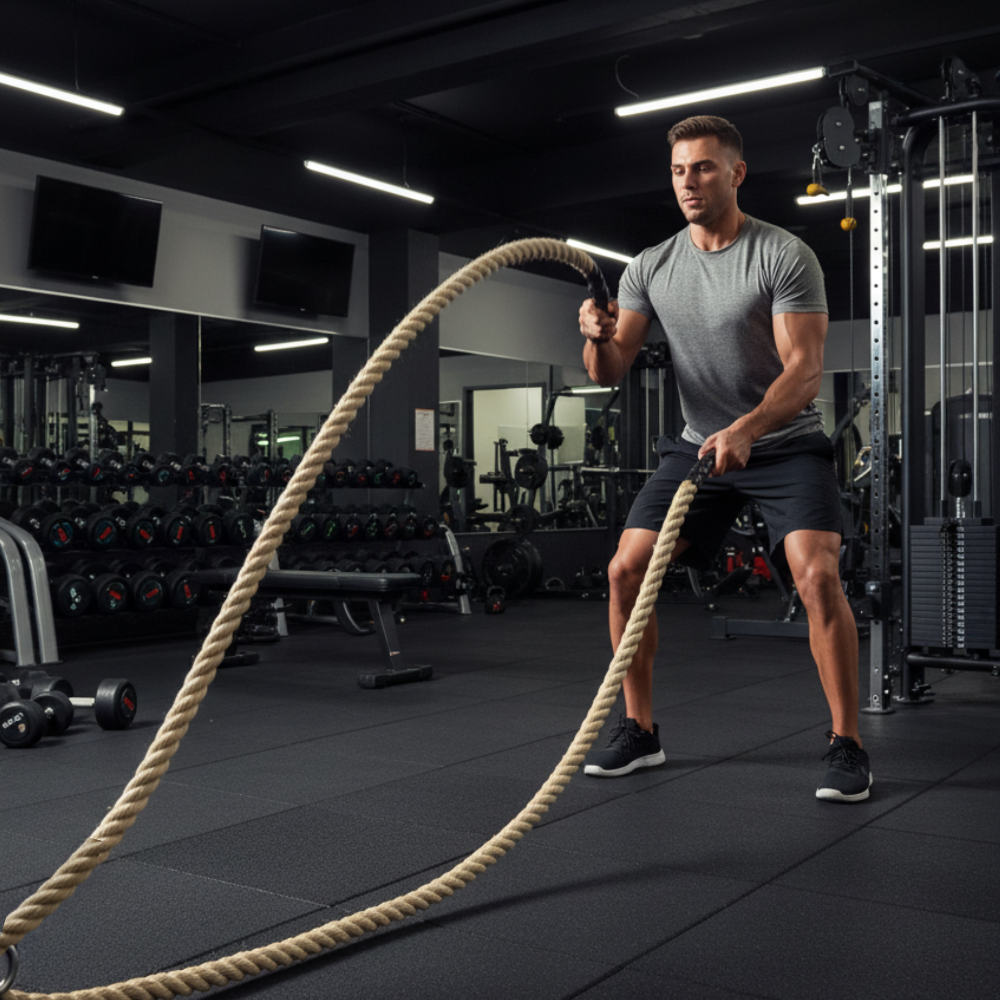 Man exercising with battle ropes in a gym setting from Rope.com