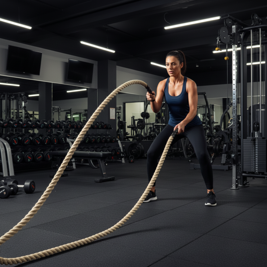 Woman exercising with battle ropes in a gym setting from Rope.com