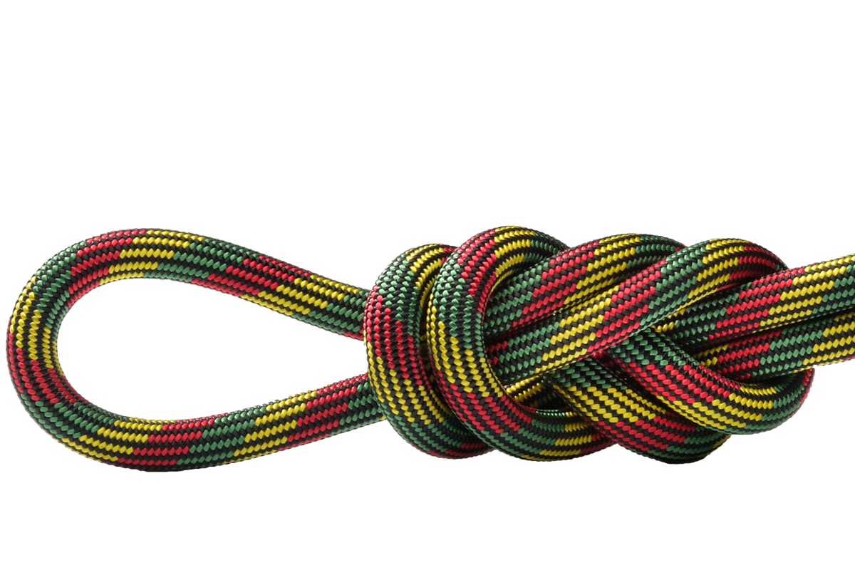 Glider 9.9mm Rasta Climbing Rope, 70M (230 Feet) Bag knot detail