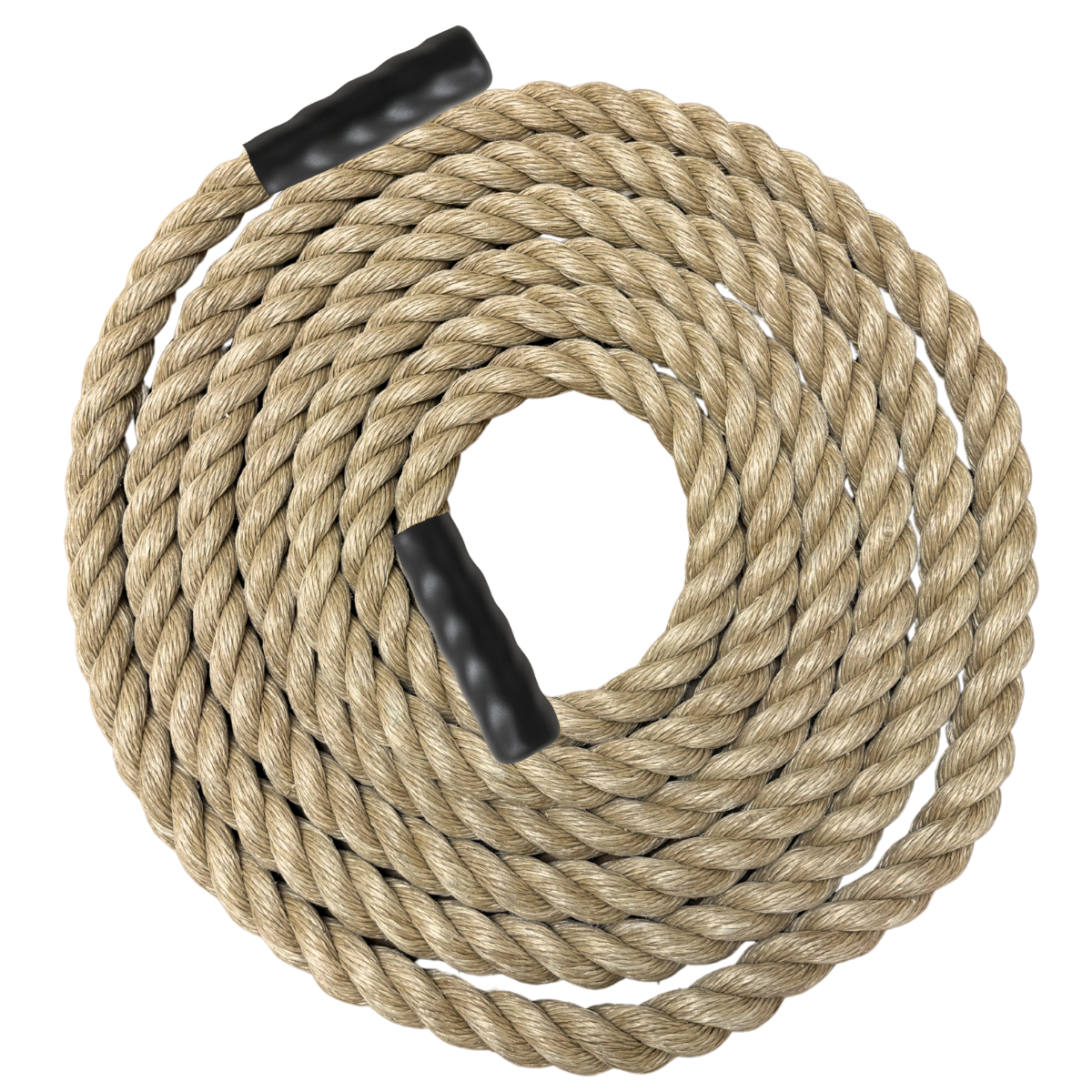 Coiled battle rope with black handles on a white background