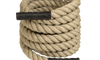 Coiled battle rope with black handles on a white background