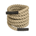 Coiled battle rope with black handles on a white background