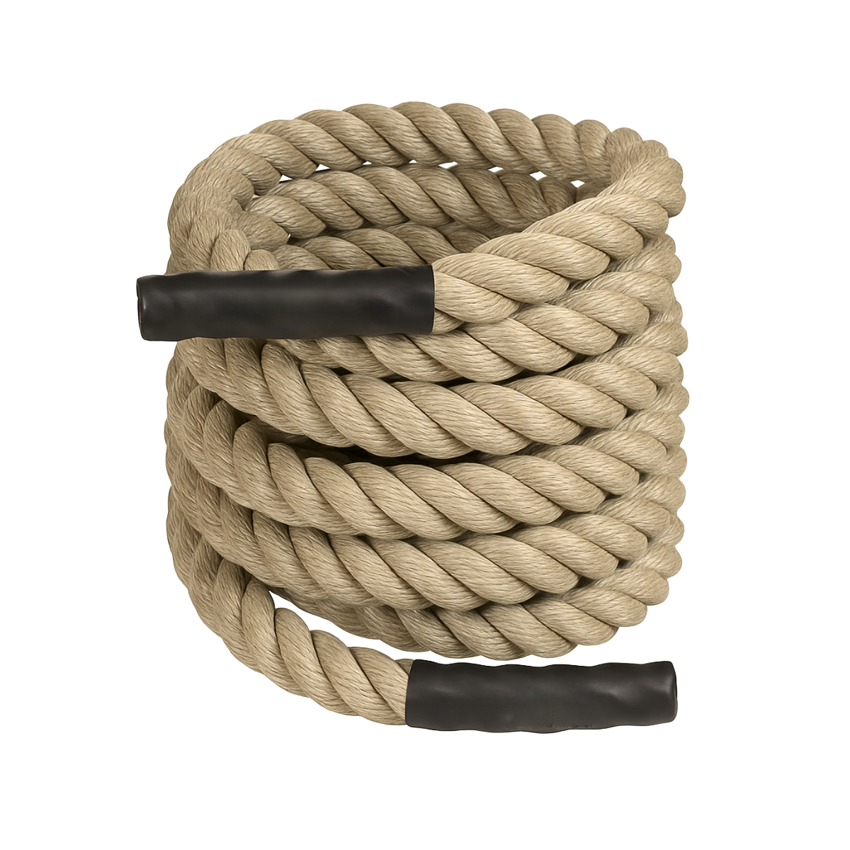 Coiled battle rope with black handles on a white background