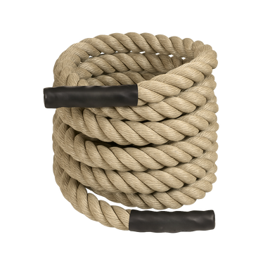 Coiled battle rope with black handles on a white background