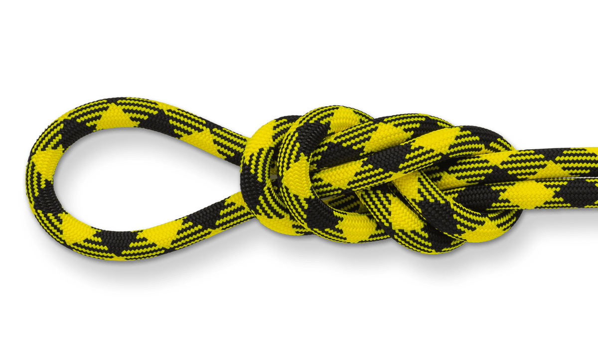 Pinnacle 9.5mm Yellow Jacket Climbing Rope, 60M (200 ft) Bag knot detail