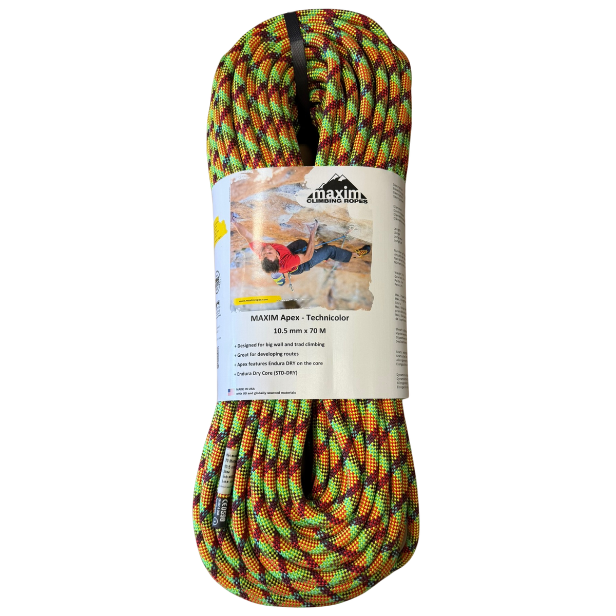 Apex 10.5mm Technicolor Climbing Rope, 70M (230 Feet) Bag