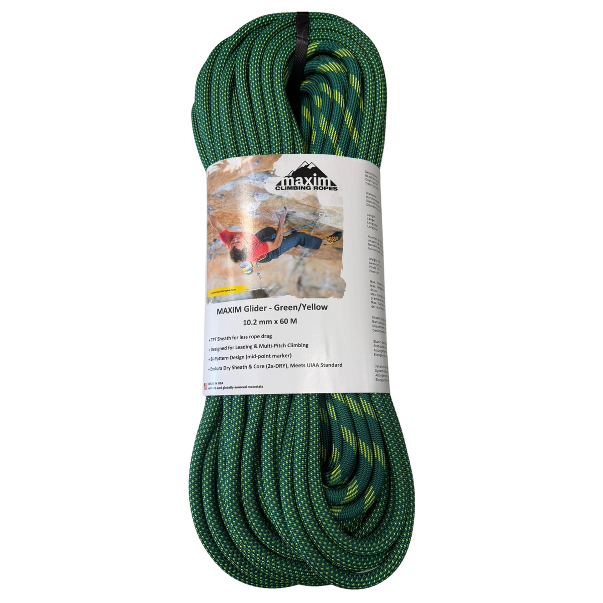 Glider 10.2mm Green Yellow Climbing Rope, 60M (200 ft) Bag