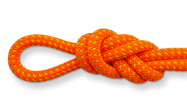 tachyon climbing rope orange and yellow double figure eight knot